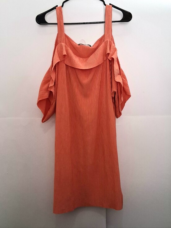 Mango Dresses & Skirts - MANGO Coral Orange Ruffle Cold-Shoulder Mini Dress Size 4 Fit MEDIUM